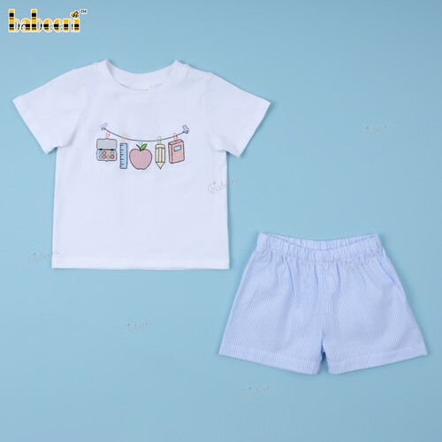 Boy Outfit White And Blue With Embroidered Details - BB3405